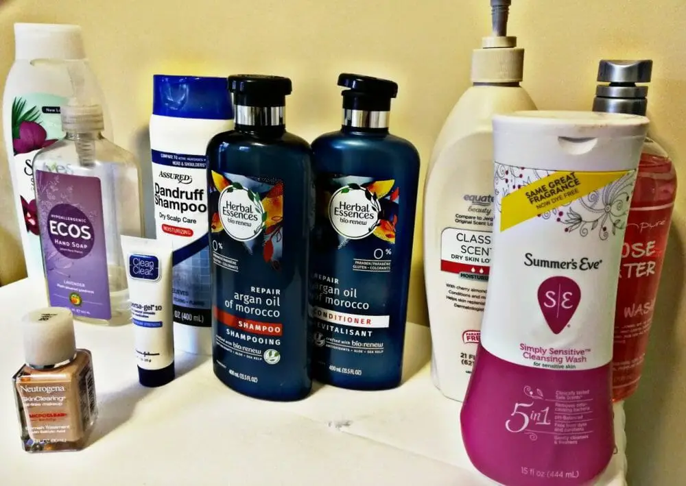 Picture of all different shampoos, body wash, soap and makeup